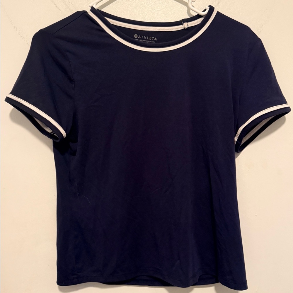 Athleta Navy Short Sleeve Tee with White Contrast Trim